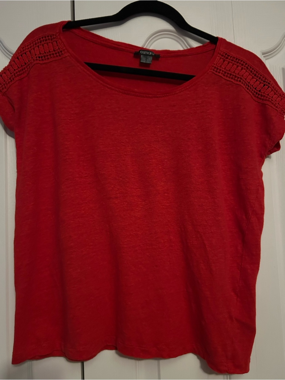 Esmara Red Crochet-Shoulder 100% Linen cropped Short Sleeve Tee